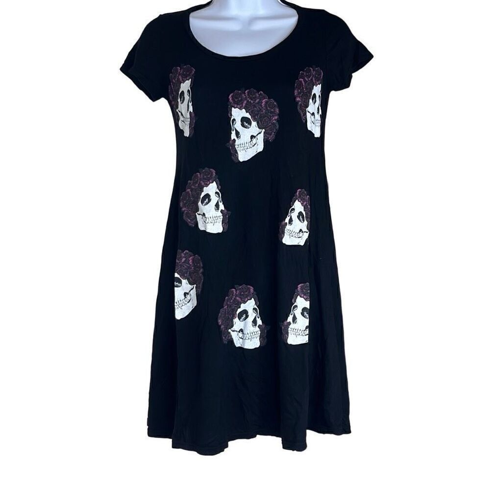Lauren Moshi XS Skull Roses Tunic Top Black Day of The‎ Dead Halloween Oversized